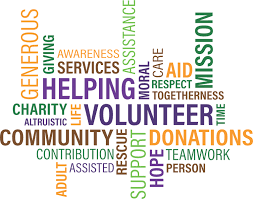 Word cloud of community values: helping, volunteer, donations, support.