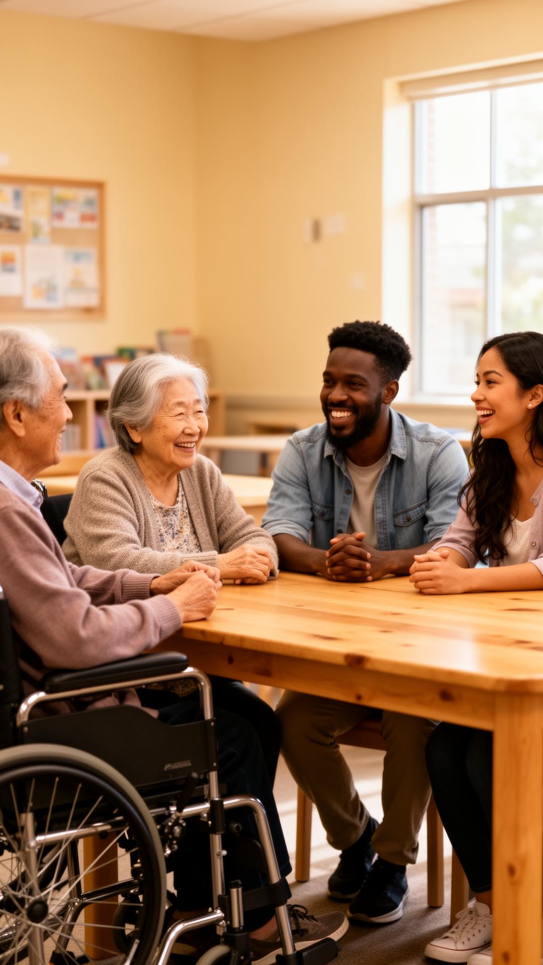 Four community members of different ages and backgrounds, including a person who uses a wheelchair, smiling and chatting around a table.