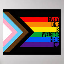 An updated Progress Pride flag with the words 'Everyone is welcome here.'